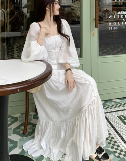 Women Vintage Square Collar White Dress for Autumn New Single Breasted Lantern Sleeved Robe France Elegant Party Vestidos