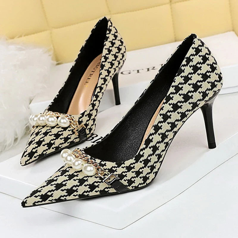 Shoes  Spring Women Pumps Pearl Metal Chain High-heels Checked Grain Stilettos Women Heels Luxury Banquet Shoes 43