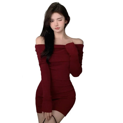 binfenxie Women Sexy Buttocks wrapped Slim fitting dress Slimming Temperament Off Shoulder Solid color Dress