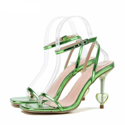 Shoes Women Strange Style Heart Shape Transparent High Heels Ladies Sandals Square Toe Fashion Ankle Buckle Strap Mujer