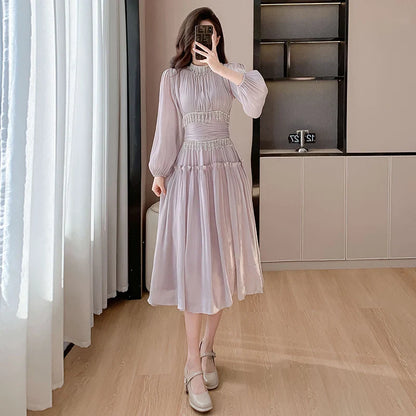 binfenxie French Designer Fashion Women Organza Stand Collar Party Dress Luxury Spring Diamonds Tassel Ruffles Puff Sleeve Slim Midi Dress