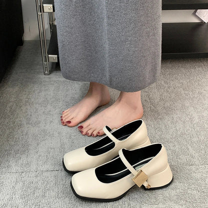 Futurecen Spring Women Mary Jane Shoes Fashion Shallow Buckle Ladies Elegant Square Heel Single Shoes Street Style Pumps Shoes