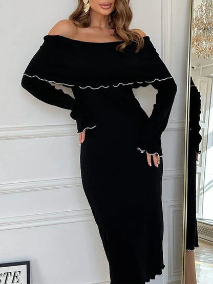 binfenxie Autumn Black Dress For Women New Long Sleeves Slash neck Bodycon Fashion Sexy Stralght Dress Casual Party Club Elegant Dresses