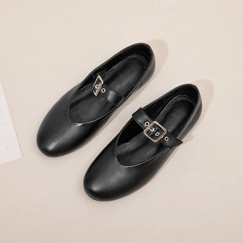 binfenxie  -   Women Mary Jane Shoes 2024 Autumn Natural Genuine Leather Vintage Women Shoes Pointed Toe Ballet Flat Casual Shoes Women