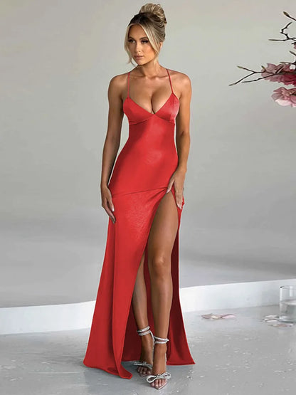 Elegant Spaghetti Strap Backless Sexy Maxi Dress For Women Fashion Sleeveless Thigh High Split Club Party Long Dress