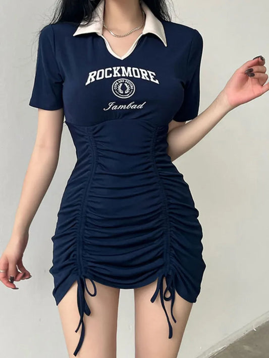 binfenxie Sexy Streetwear Mini Dress Women Bodycon Preppy Style Polo Collar Bandage Letter Print Y2k Dresses Summer High Street