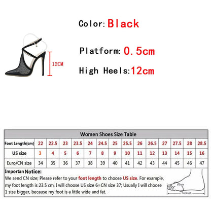 binfenxie New Fashion Black Mesh Pointed Toe Stiletto High Heels Sandals Female Ankle Buckle Strap Party Stripper Shoes Women Pumps