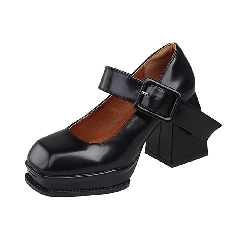 Black White Platform Mary Jane Shoes for Women Heels Retro Square Toe Buckle Women Pumps  Super High Heels Dress Shoes