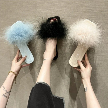 Summer Fluffy Slides Vintage Feather Women's Slippers and Ladies Sandals Flat Shoes Pink Fuzzy Furry Trend New Style I F B