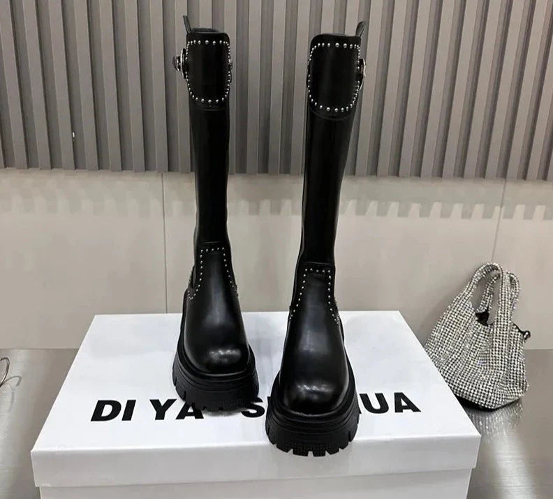 Platform Punk Women's Long Boots Fashion Back Zippers Knee High Botas Ladies Elegant Thick Bottom Shoes Winter Women's Footwear