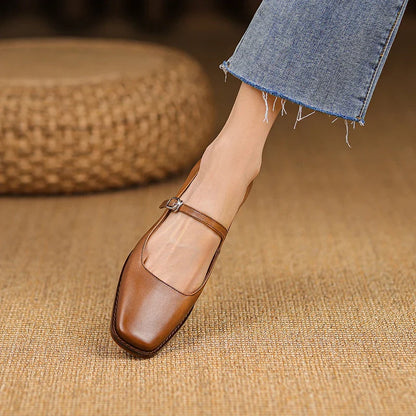 New Genuine Leather Mary Jane shoes Women's Shoes Retro Buckle Shallow Heel Pumps Square Toe Shoes Woman Zapatos De Mujer