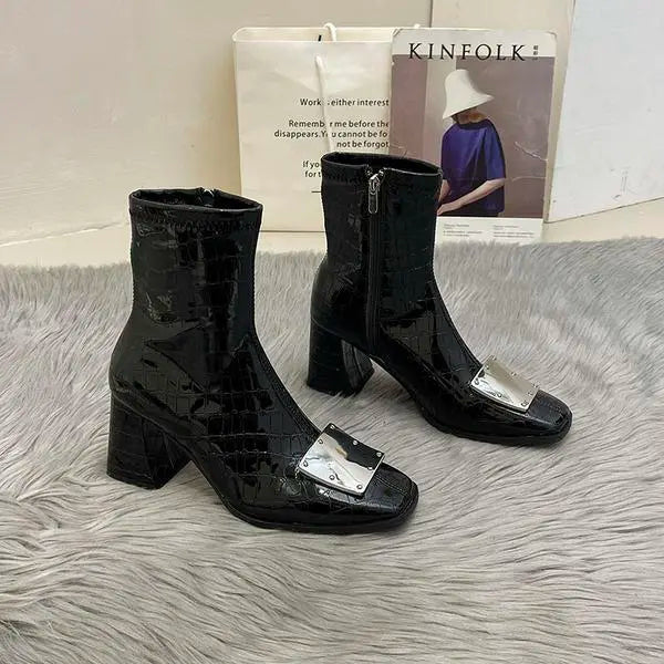 Winter Boots Lady Boots-Women Autumn Shoes Zipper Elegant High Heel Rubber Ankle Solid Basic Casual Square Toe PU Sewing Le