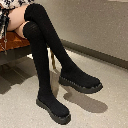 Autumn Winter Women Platform Over The Knee Boots Ladies Stretch Knitted Socks Long Boots Slip-On Thick Bottom Shoes Woman