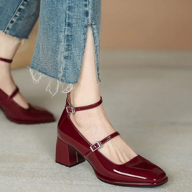 Women heels Shoes Mary Jane Shoes Woman Pumps Patent Leather High Heels Dress Shoes Red Wedding Shoes Spring  Double Buckle