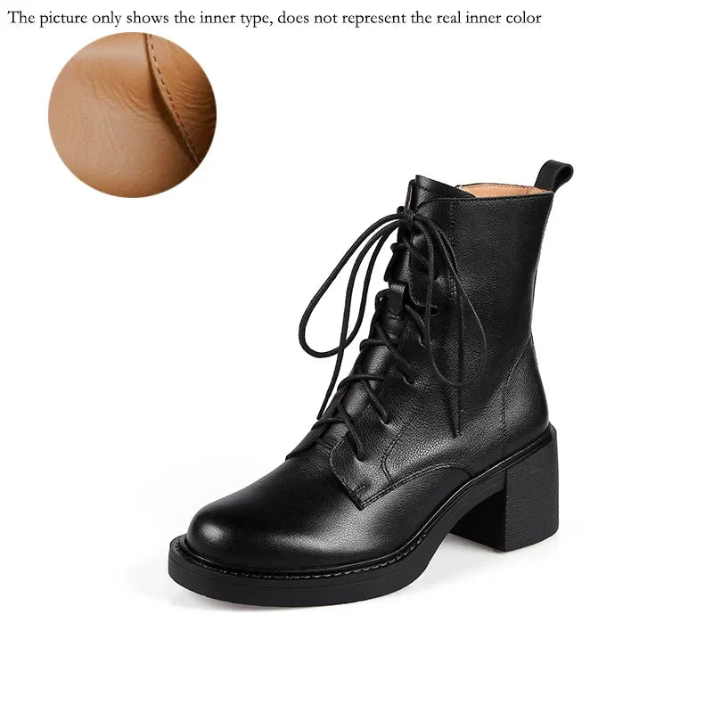 Winter Genuine Leather Women Boots Round Toe Thick Heel Lace Up Fashion Ankle Boots Retro Boots  Platform Shoes Heels Grown