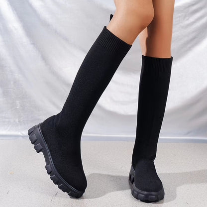 Women's Boots Knitting Socks Platform Chelsea Mid Calf Trend Chunky Black Knee High Elegant Plus Size New European Style