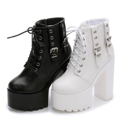 Women Black White Ankle Boots 14cm Super High Heels Square Heels Boots Zip Rivet Insole Sexy Women Boots verclo