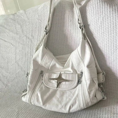 binfenxie Y2k Large Capacity Shoulder Bag White Pu Leather Cross Handbag American Style Punk Goth Fashion Simple Designer Handbag