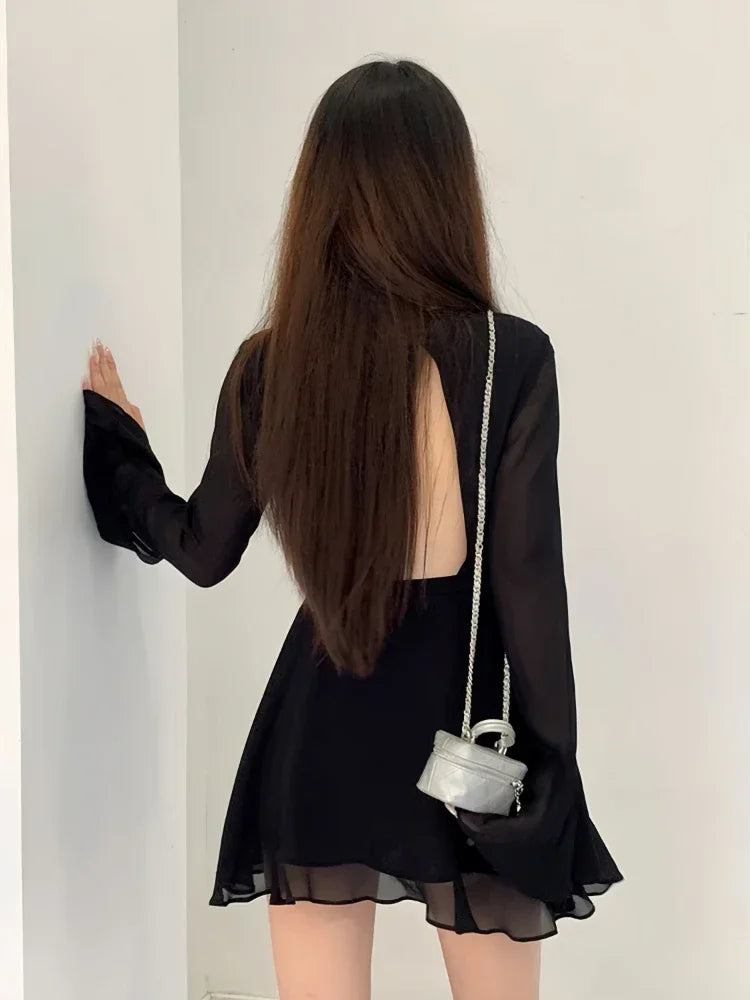 binfenxie Backless Black Dress Women Elegant Back Hollow Out Lace-up Long Sleeve Mesh Patchwork Sexy Slim Ruffle Mini Dress Party