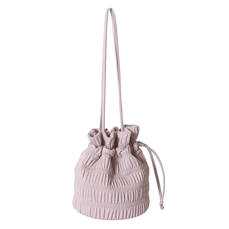 binfenxie Silver Black White Khkai Pink Pleated Women's Bucket Shaped Underarm Bag PU Leather Drawstring Handbags Sewing Y2K Soft Crossbod