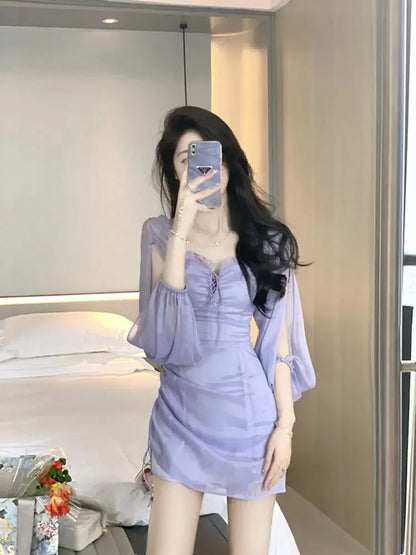 binfenxie Purple Fairy One Shoulder Dress Women New Summer Dress Waist Design Chiffon Ruffled Gauze Skirt Hip Skirt Women Clothing