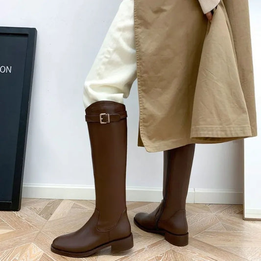 Shoes for Woman Winter Knee High Shaft Footwear Leather Women's Boots Pointed Toe Long Brown Comfortable and Elegant Hot Quality