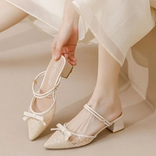 Ladies Shoes Bow Summer with Medium Heels Pointed Toe Footwear Slippers Sandals for Women Outdoor Lace Wholesale The Best F