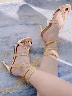 Rhinestone Snake Shape Ankle Strappy Sandals Fashion Sexy Women Party High Heel Open Toe Fringes Stiletto Heel Hollow Shoes