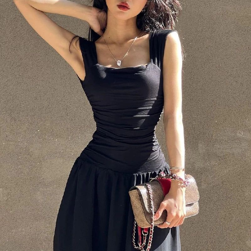 binfenxie Women Summer Party Long Dress Sexy Ruched Bodycon Black Maxi Dresses Elegant Temperament High-waist Vestidos New