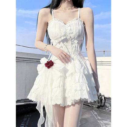 Lolita Dress For Grils Kawaii Bow Lace White Cascading Ruffl  Fairy Dresses JSK Straps Birthday Party Quinceanera Dresses Suit