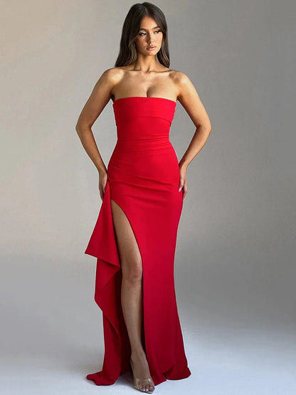 Strapless Backless High Split Maxi Dress Women Fashion Off-shoulder Sleeveless Bodycon Club Party Long Dress Elegant