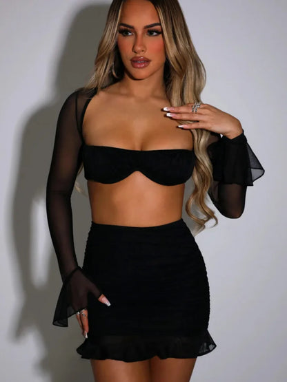 Mesh Sexy Dress Set Women Strapless Full Sleeve Crop Top And Mini Skirt Matching Sets Female Club Party Two Piece Set