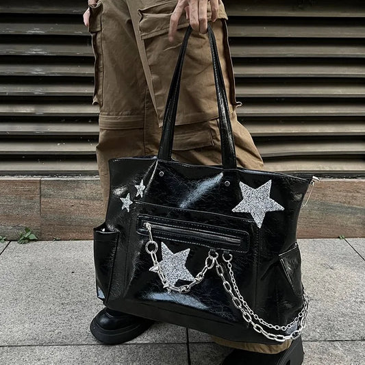 binfenxie Gothic Tote Bag Trendy Harajuku Chain Handbag for Women Spring Punk High Street Girls Casual Black PU Leather Bag