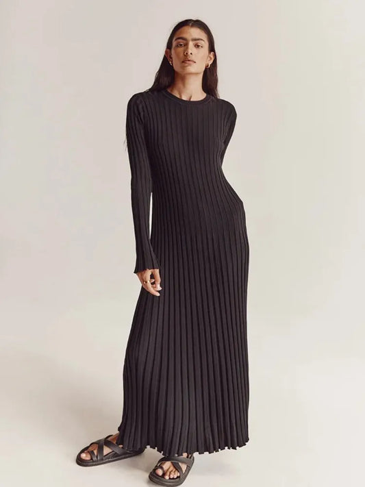 Elegant Solid Ribbed Knitted Maxi Dress Women Slim O-neck Long Sleeve Lace Up A-line Dresses Autumn Lady Streetwear Robe