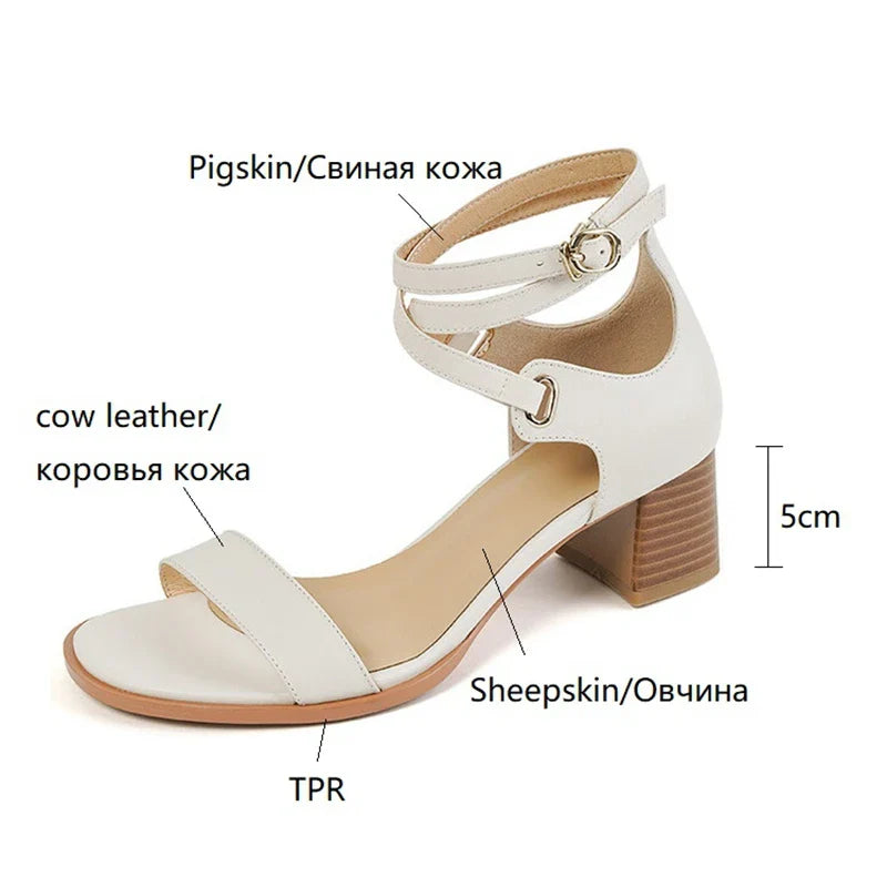 binfenxie NEW Summer Shoes Women Round Toe Chunky Heel Sandals Women Cow Leather Solid Cover Heel Shoes for Women Beige/Black Chic Shoes