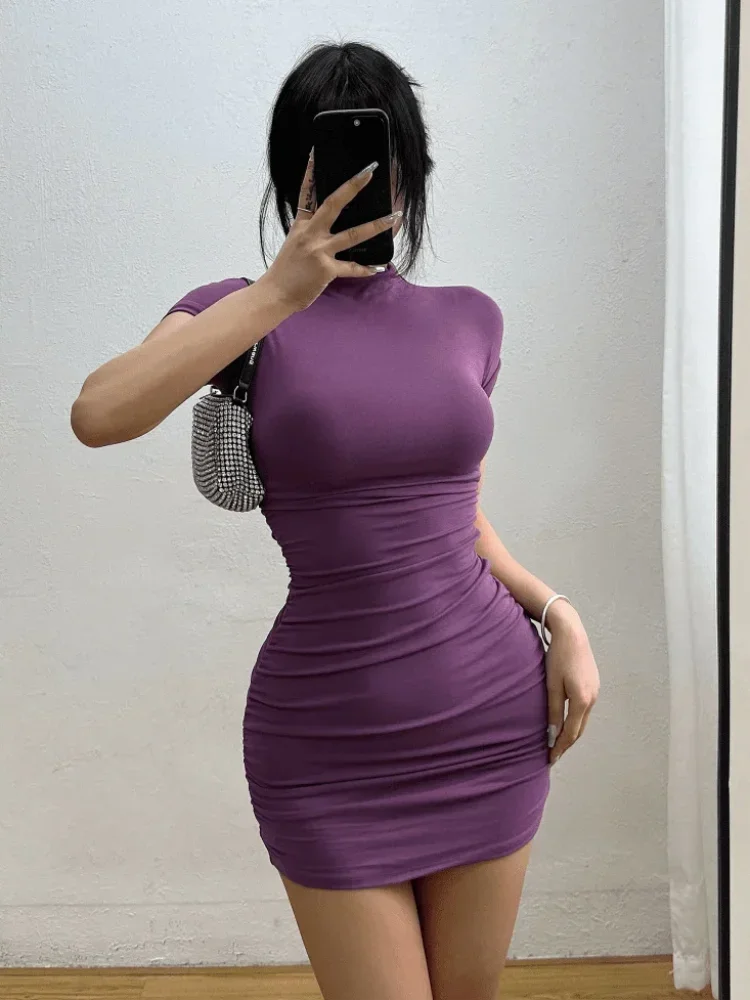 binfenxie Sexy Tight Half High Collar Pleated Waist Mini Dress Spicy Girls Slim Dresses Bodycon Women Vestidos Cortos Party Mujer Clothing