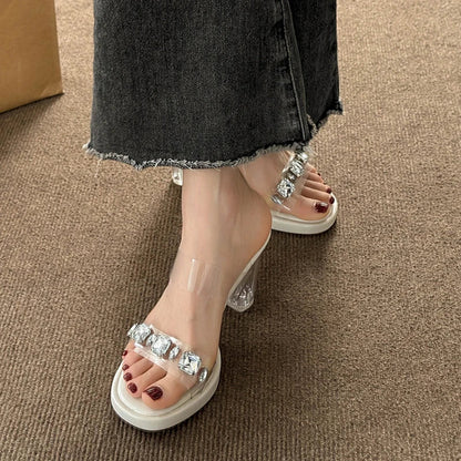 Chunky Platform High Heels Sandals Women Summer Shiny Crystal Transparent Pvc Sandals Woman Clear Thick Heeled Party Shoes