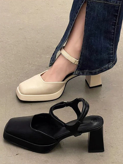 binfenxie  -   Summer Non Slip Causal Square Toe Pumps Elegant Pure Color High Heels Sandals Party Hollow Slim Women Shoes Korean Fashion