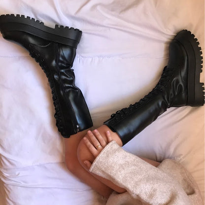 Fashion Chunky Platform Boots Women Autumn Winter PU Leather Knee High Boots Woman Punk Thick Bottom Long Botas