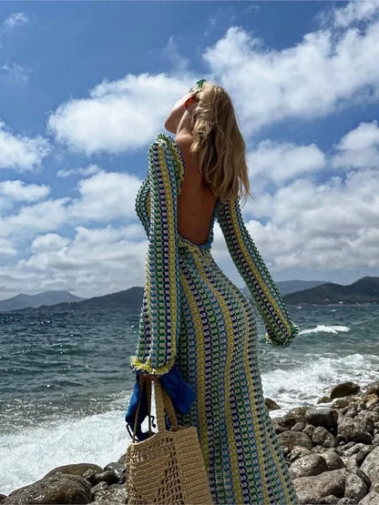 Fashion Backless Contrast Crochet Knitted Maxi Dress Women Slim Flare Long Sleeve Slash Neck Dresses Beach Vacation Robes