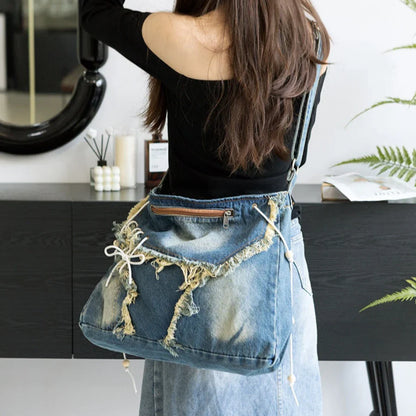 binfenxie Y2K Korean Harajuku Gothic Hobo Denim Bag Aesthetic Vintage Purses WomenHandbag Crossbody Messenger Tote Peddler Shoulder Bags