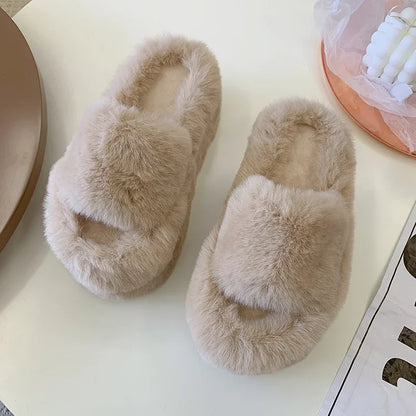 New Summer Fur Chunky Slippers Women Fashion Open Toe Platform Flats Heels 7cm Female Summer Comfort Beach Slides Shoes