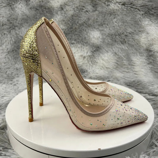 Futurecen Bling Gold Sequins Women Summer Gauze Rhinestones Pointed Toe Stiletto Pumps for Wedding Elegant Bridal High Heel Shoes