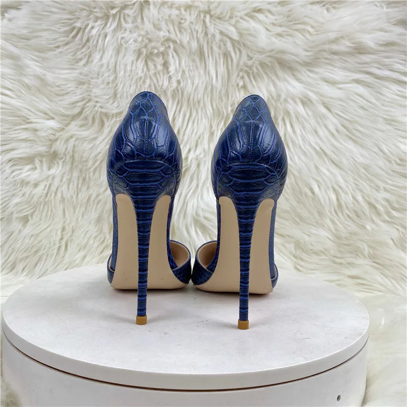 Futurecen Navy Blue Cro-Effect Women Pointed Toe Stiletto Pumps Comfortable Sexy Ladies Party Show Dress High Heel Shoes