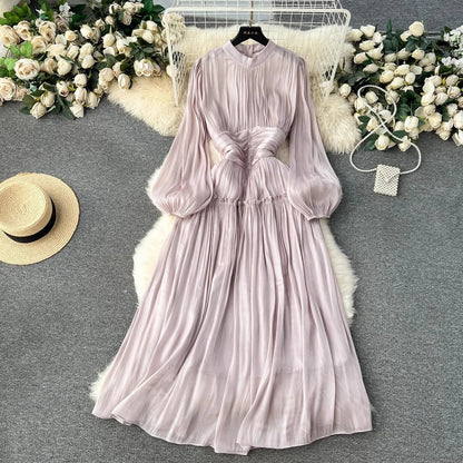 binfenxie French Designer Fashion Women Organza Stand Collar Party Dress Luxury Spring Diamonds Tassel Ruffles Puff Sleeve Slim Midi Dress