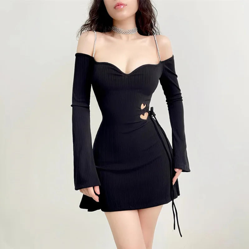 binfenxie Black Autumn Sexy Women's Dress Lace-up Long Sleeves Backless Off Shoulder Casual Dress Party Elegant Hollow Out A-LINE Dresses