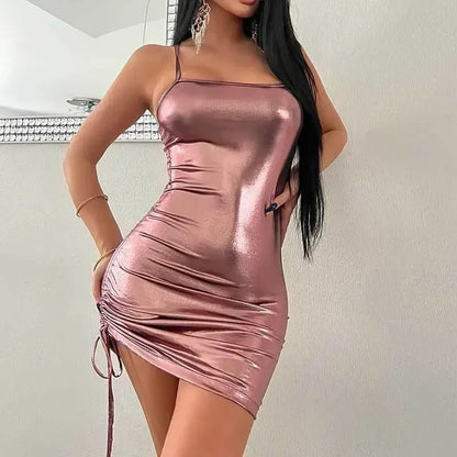 binfenxie Camisole dress, women's European and American style short skirt, sexy glossy pleated camisole tight fitting dress