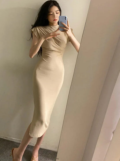 binfenxie Summer New Short Sleeve Women Folds Casual Charm Slim Fit High Waist Split Long Christmas Dress Sexy Wrap Hip Gentle Solid