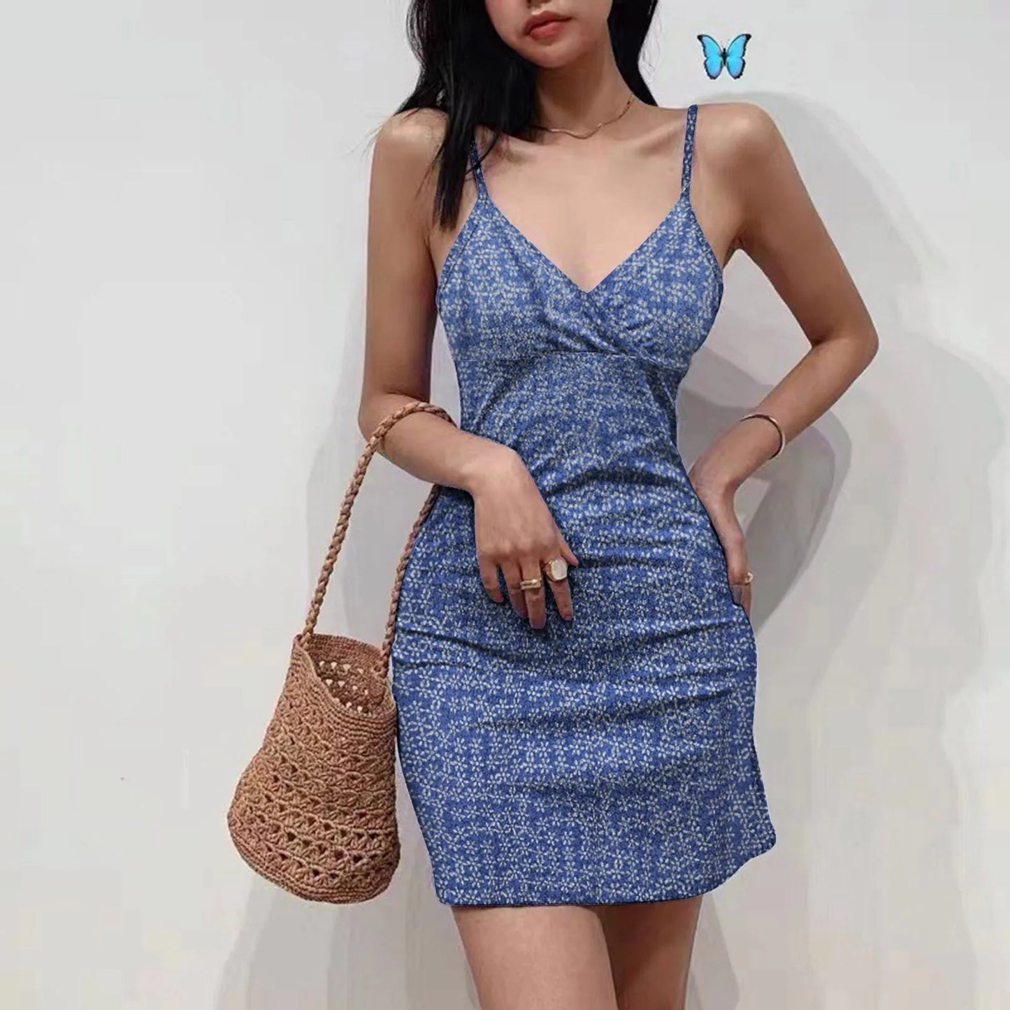 binfenxie Women's Summer Fashion Retro Floral Printed Halter Dress Sexy V Neck Slim Short Dress Casual Sleeveless Beach Mini Dresses