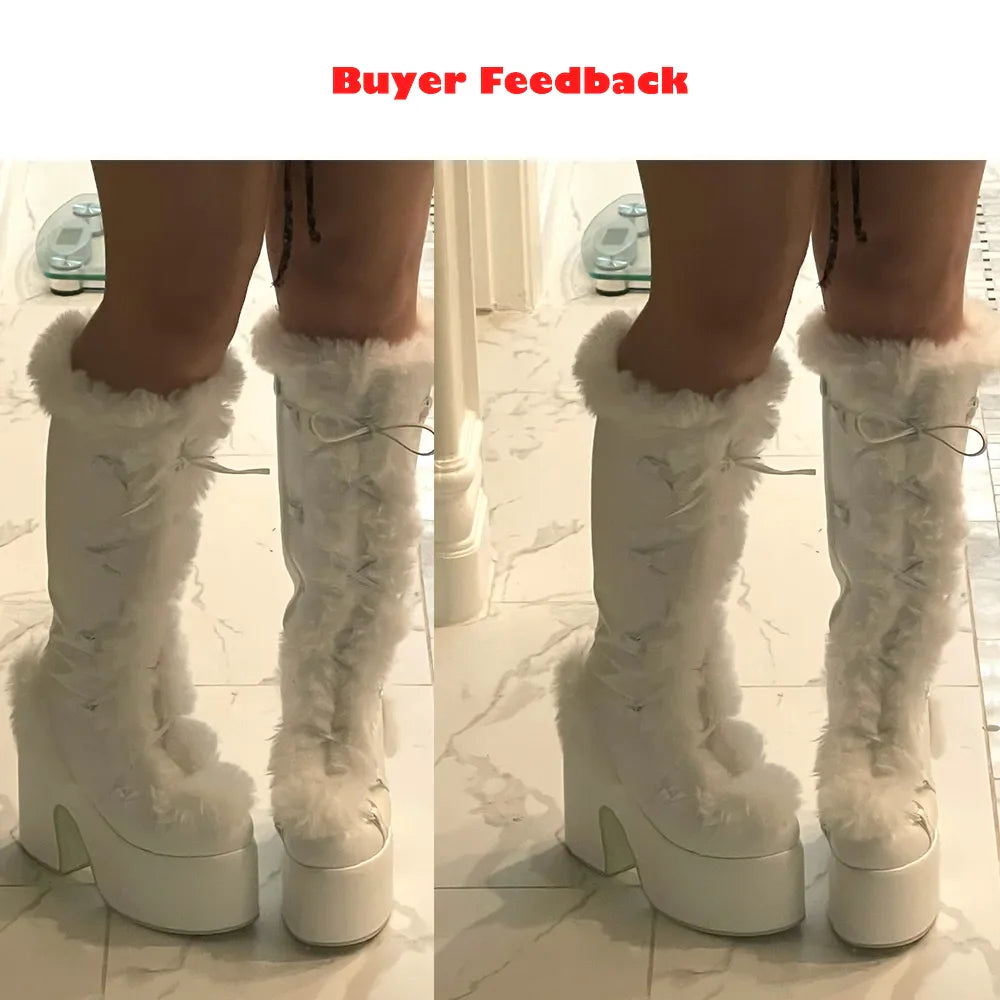 Platform Furry Boots Chunky High Heeled Winter Autumn Knee High Boots Women Faux Fur Zip Gothic Style Punk Shoes Ladies